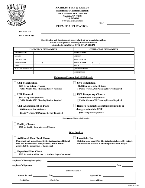 First page of the Hazardous Materials Permit Application
