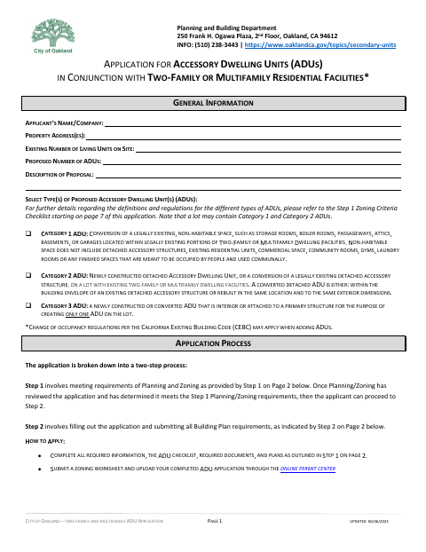 First page of the Two-Family and Multifamily ADU Application
