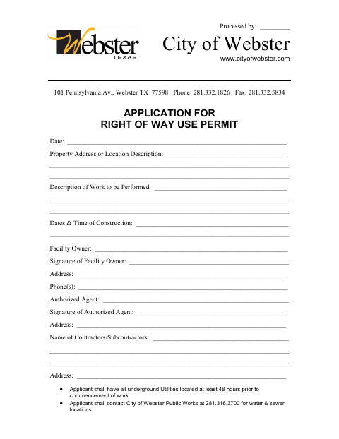 First page of the Application for Right of Way Use Permit