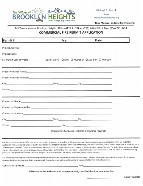 First page of the Commercial Fire Permit Application