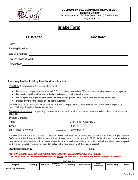 First page of the Deferred Submittal or Revision Intake Form