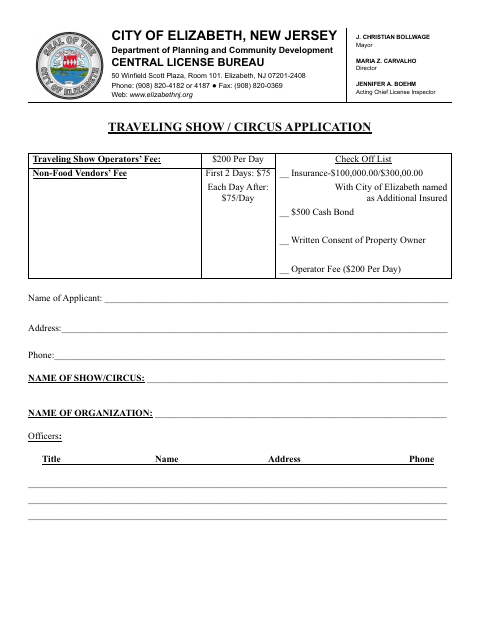 First page of the Traveling Show and Circus Application