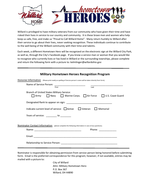 First page of the Military Hometown Heroes Recognition Program