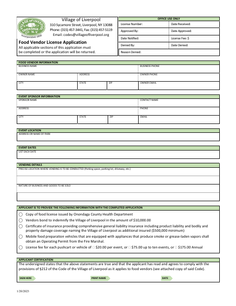 First page of the Food Vendor License Application