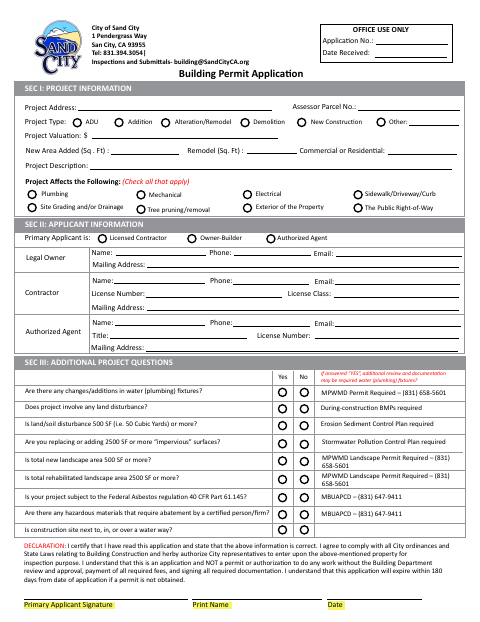 First page of the Building Permit Application