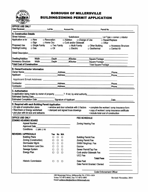 First page of the Residential Construction Permit Application