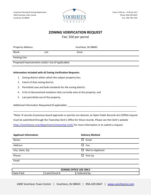 First page of the Zoning Verification Request