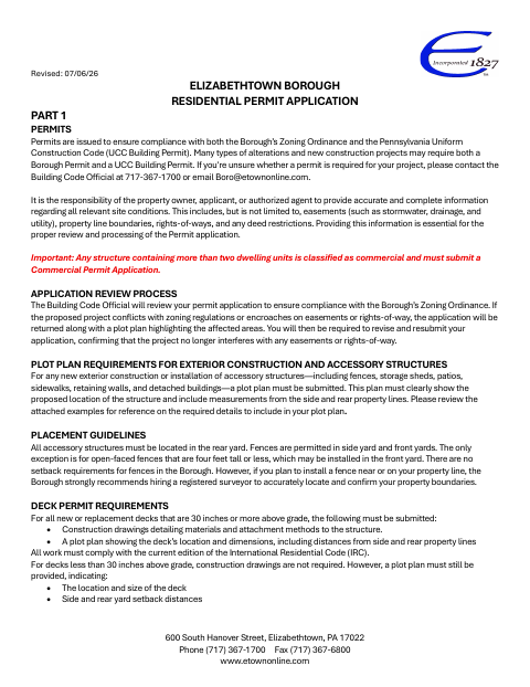 First page of the Residential Permit Application
