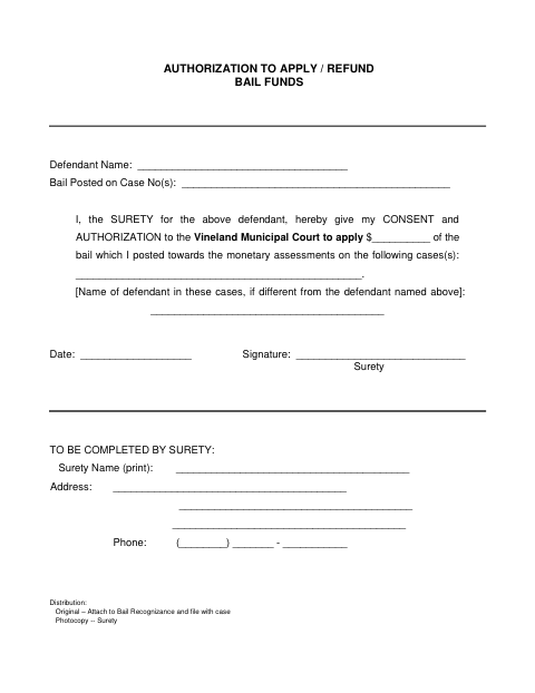 First page of the Authorization to Apply or Refund Bail Funds