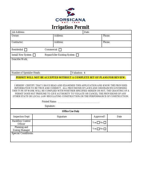 First page of the Irrigation Permit Application