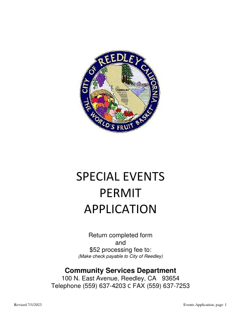 First page of the Special Events Permit Application