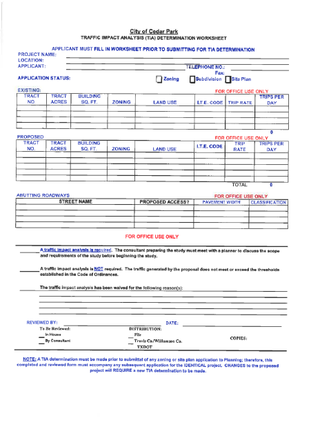 First page of the Traffic Impact Analysis Determination Worksheet
