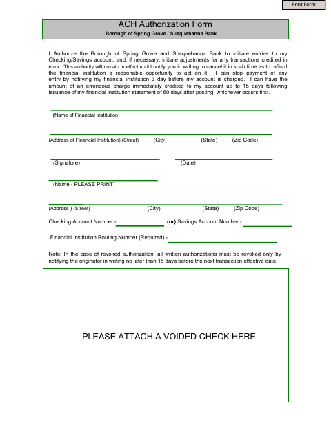 First page of the ACH Authorization Form