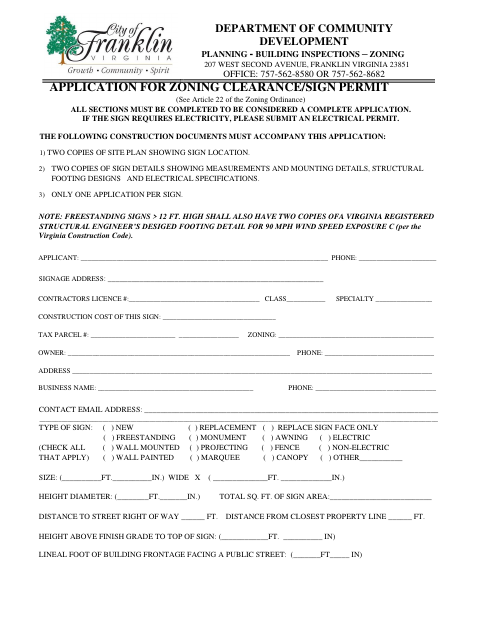 First page of the Application for Zoning Clearance and Sign Permit