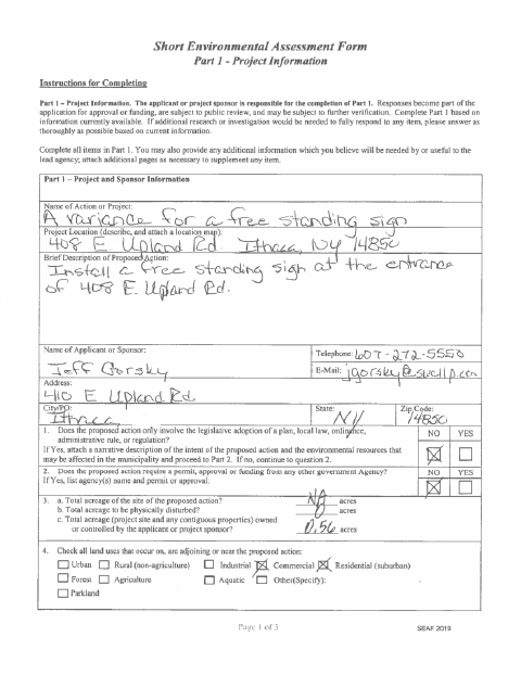 First page of the Short Environmental Assessment Form Part I
