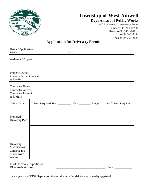 First page of the Application for Driveway Permit