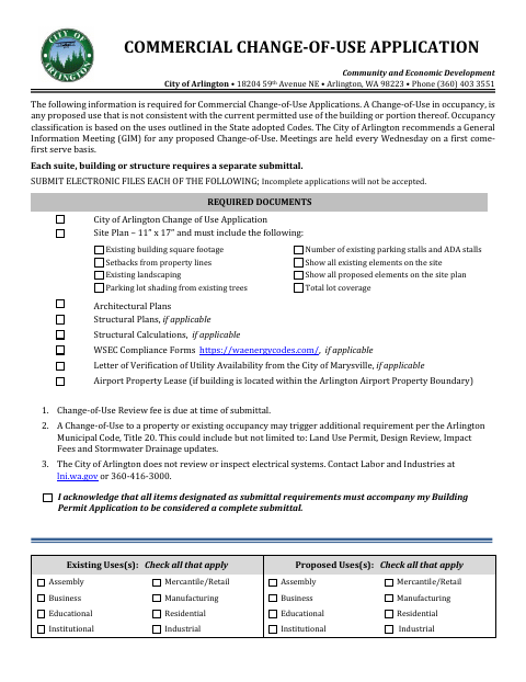 First page of the Commercial Change-of-Use Application