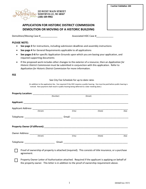 First page of the Historic District Commission Demolition or Moving Application