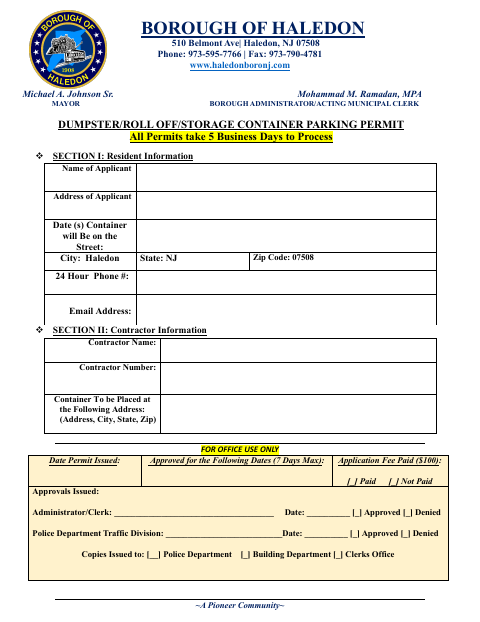 First page of the Dumpster/Roll Off/Storage Container Parking Permit