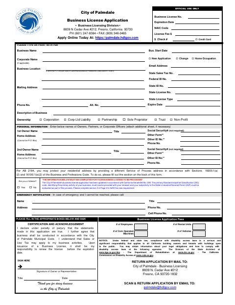 First page of the Business License Application