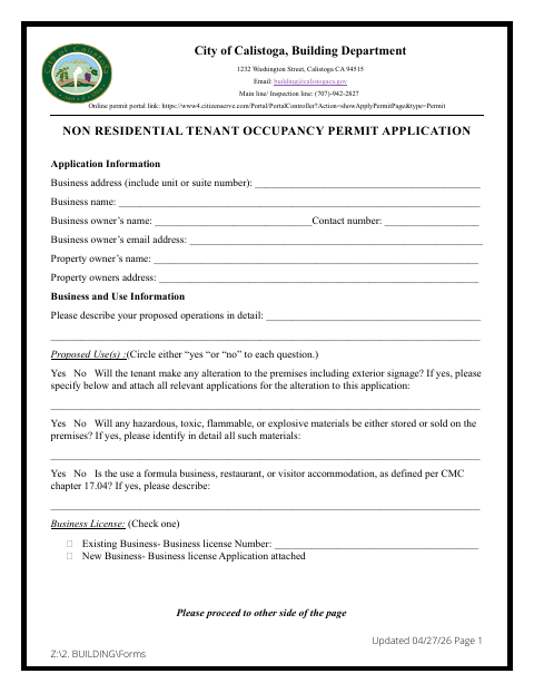 First page of the Nonresidential Tenant Occupancy Permit Application