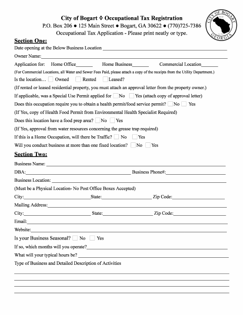 First page of the Occupational Tax Registration Application