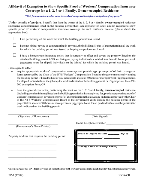 First page of the Affidavit of Exemption to Show Specific Proof of Workers’ Compensation Insurance Coverage