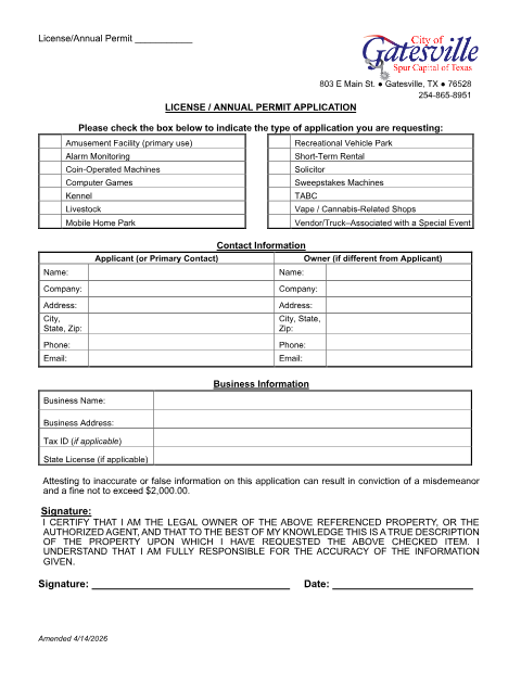 First page of the License / Annual Permit Application