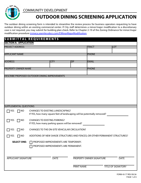 First page of the Outdoor Dining Screening Application