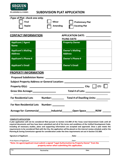 First page of the Subdivision Plat Application