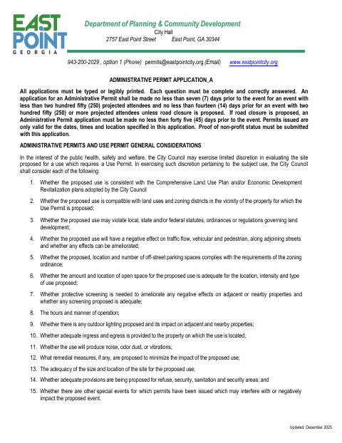 First page of the Special Events Administrative Permit Application