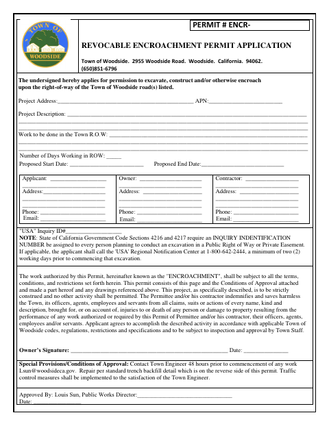 First page of the Revocable Encroachment Permit Application