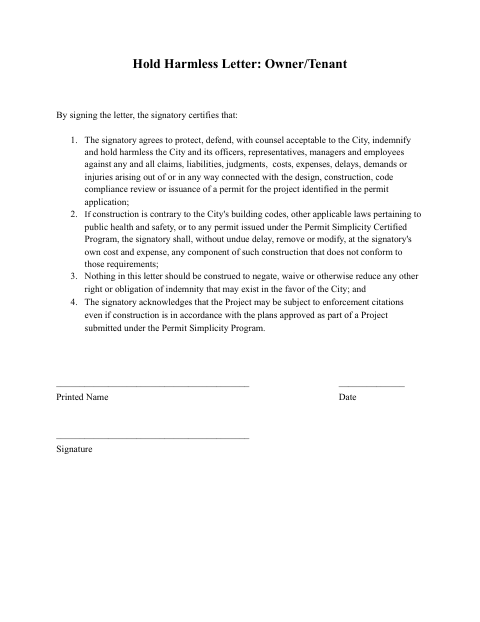First page of the Hold Harmless Letter (Owner/Tenant)