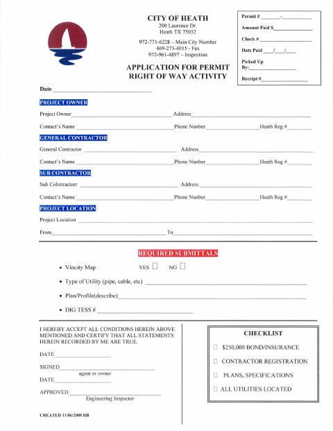 First page of the Right Of Way Permit Application