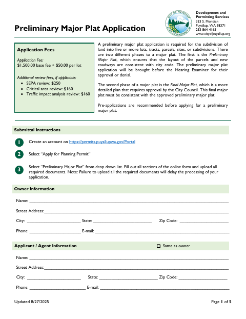 First page of the Preliminary Major Plat Application