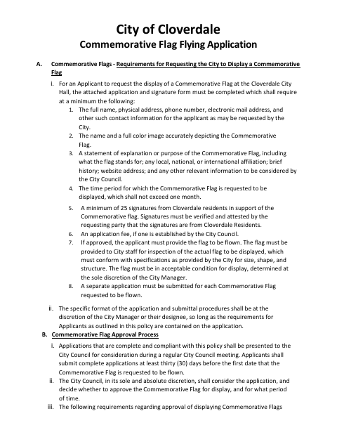 First page of the Commemorative Flag Flying Application