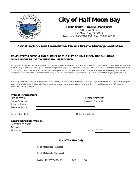 First page of the Construction and Demolition Debris Waste Management Plan