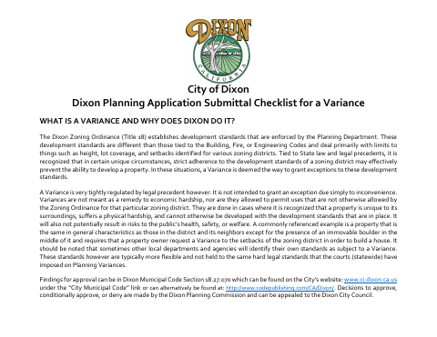 First page of the Planning Application Submittal Checklist for a Variance