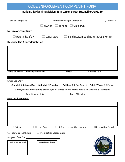 First page of the Code Enforcement Complaint Form