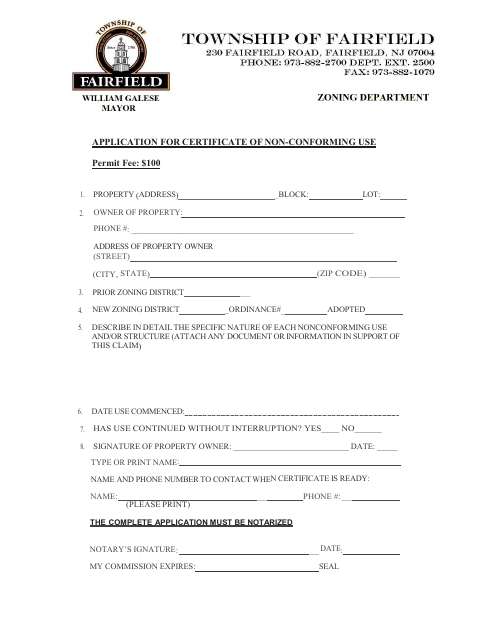 First page of the Application for Certificate of Non-Conforming Use
