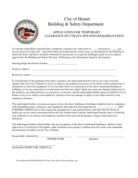 First page of the Application For Temporary Clearance Of Utility-Housing Rehabilitation