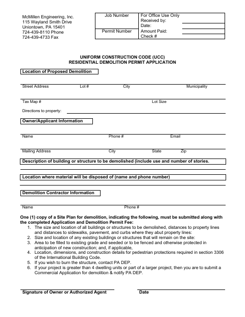First page of the Uniform Construction Code Residential Demolition Permit Application