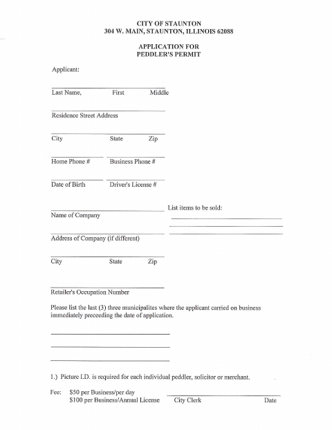 First page of the Application for Peddler's Permit