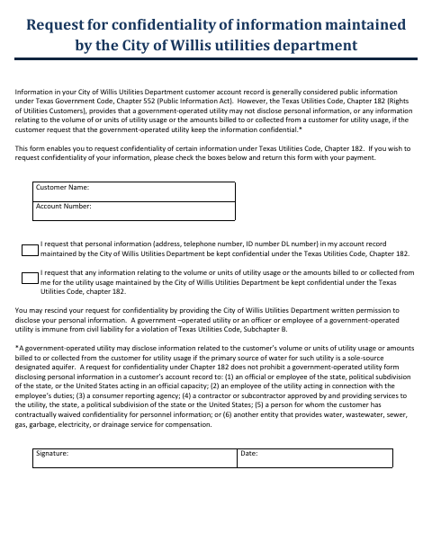 First page of the Request for Confidentiality of Information