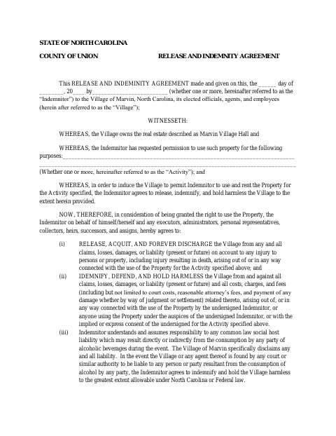First page of the Release and Indemnity Agreement