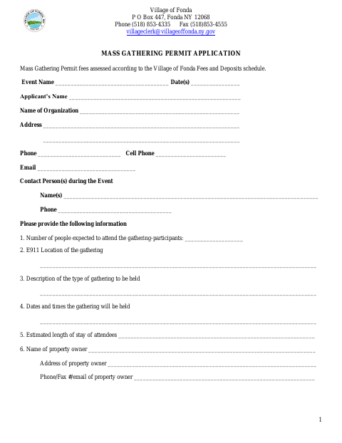 First page of the Mass Gathering Permit Application