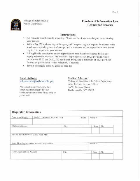 First page of the Freedom of Information Law Request for Records