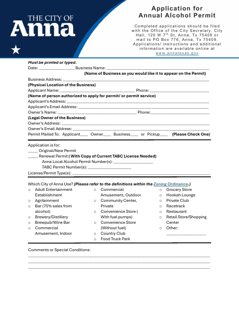 First page of the Application for Annual Alcohol Permit