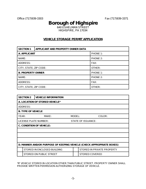 First page of the Vehicle Storage Permit Application