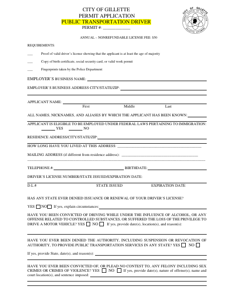 First page of the Public Transportation Driver Permit Application